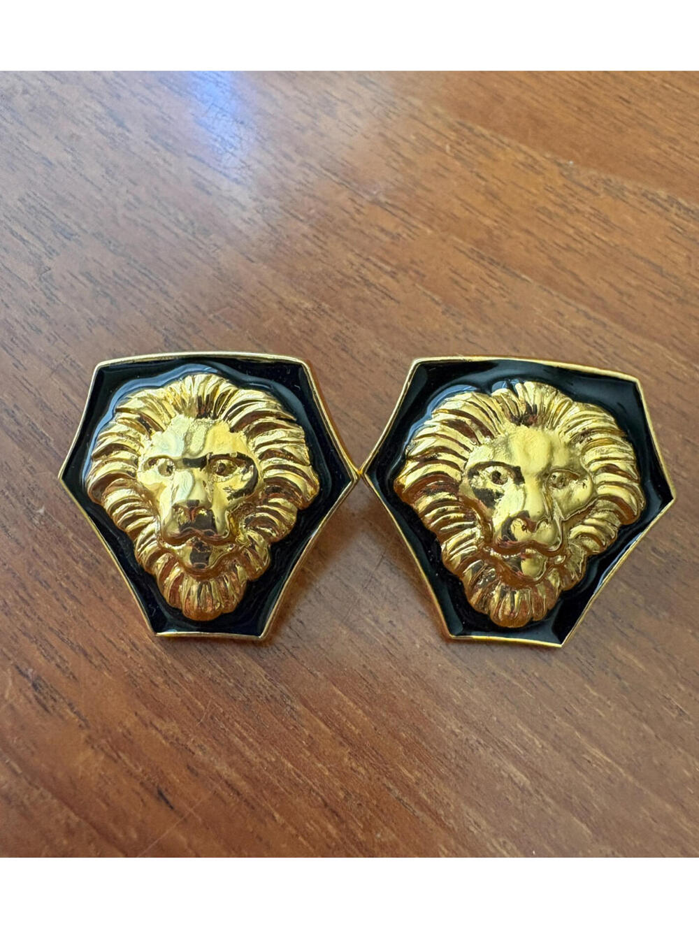 Vintage AK Anne Klein Gold Tone Black Enamel Lions Pierced Earrings
